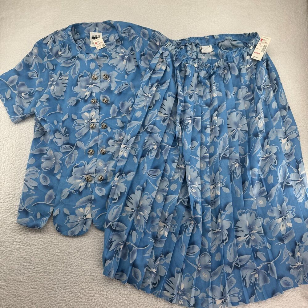 Deadstock NWD VTG Leslie Fay 2-Piece Set Blue Floral Blouse / Skirt 90s Size 16